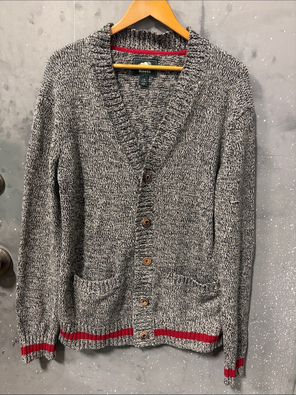 Roots Gray Marled Cardigan with Red Trim Cottage Core